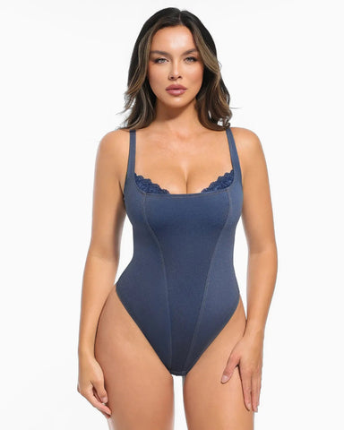 Faux Leather Lace Trim Corset Bodysuit