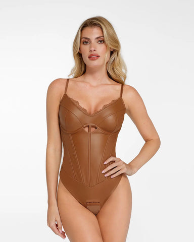 Faux Leather Lace Trim Corset Bodysuit