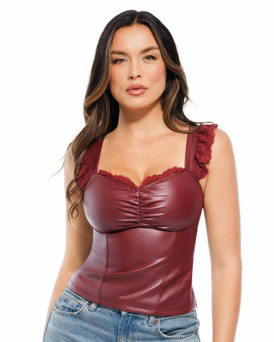 Faux Leather Lace Trim Corset Bodysuit