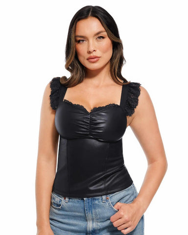Faux Leather Lace Trim Corset Bodysuit