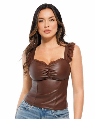 Faux Leather Lace Trim Corset Bodysuit