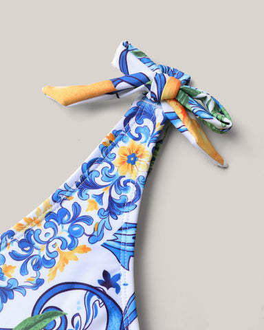Plus Size Citrus Print Tummy Control Tankini Set, Bodycon Swimwear