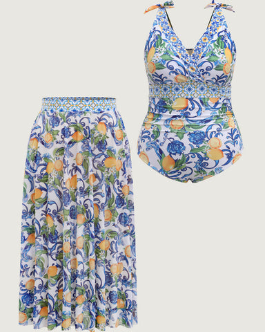 Plus Size Citrus Print Tummy Control Tankini Set, Bodycon Swimwear