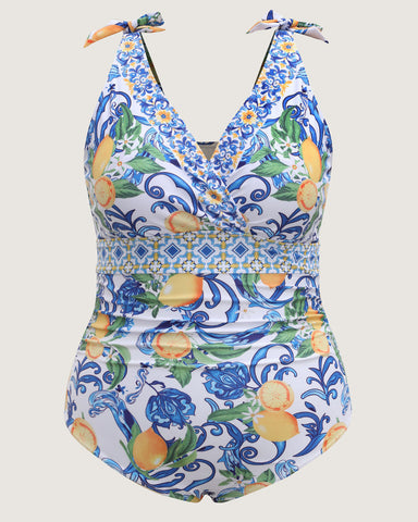 Plus Size Citrus Print Tummy Control Tankini Set, Bodycon Swimwear