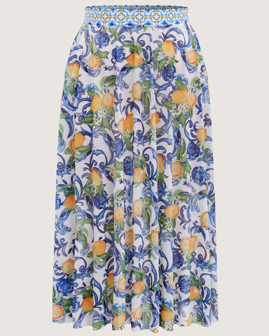 Plus Size Citrus Print Tummy Control Tankini Set, Bodycon Swimwear