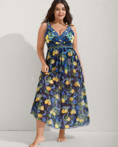Plus Size Citrus Print Tummy Control Tankini Set, Bodycon Swimwear