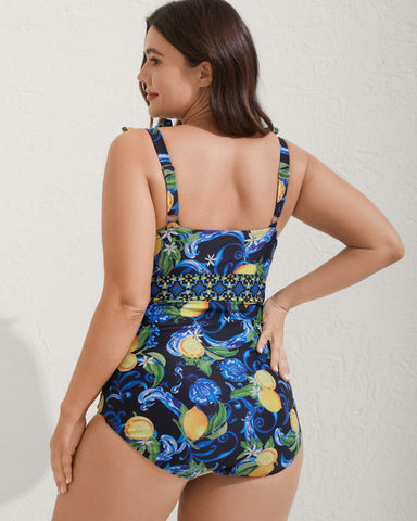 Plus Size Citrus Print Tummy Control Tankini Set, Bodycon Swimwear