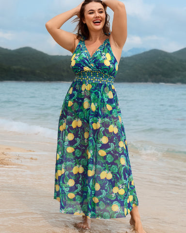 Plus Size Citrus Print Tummy Control Tankini Set, Bodycon Swimwear