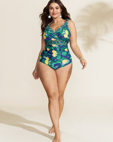 Plus Size Citrus Print Tummy Control Tankini Set, Bodycon Swimwear