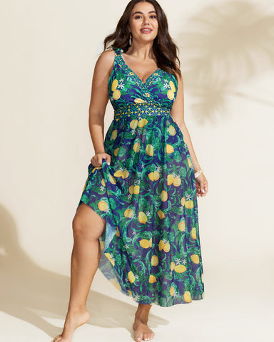 Plus Size Citrus Print Tummy Control Tankini Set, Bodycon Swimwear