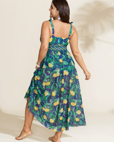 Plus Size Citrus Print Tummy Control Tankini Set, Bodycon Swimwear