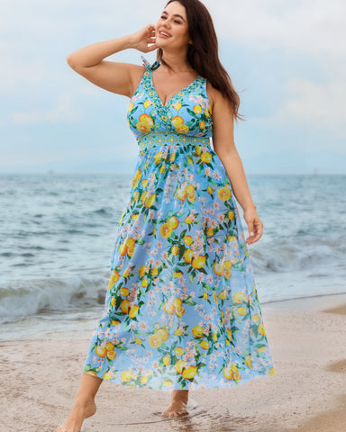 Plus Size Citrus Print Tummy Control Tankini Set, Bodycon Swimwear