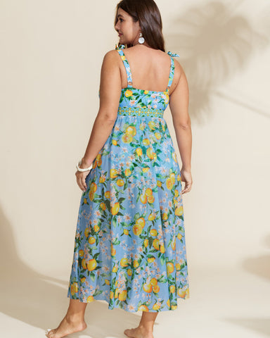 Plus Size Citrus Print Tummy Control Tankini Set, Bodycon Swimwear