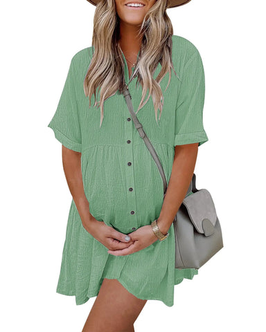 Textured Button-Down Flowy Mini Dress with Pockets