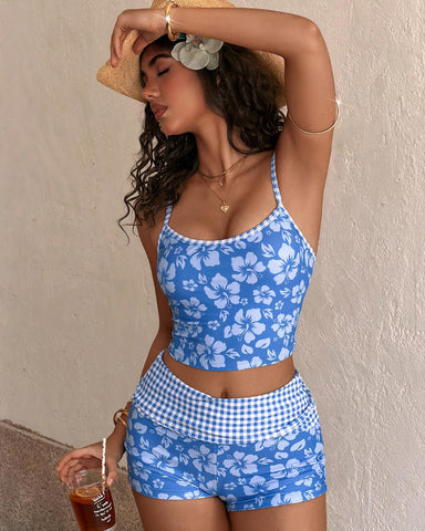 Women's Tropical Floral Tankini Set with High-Waist Shorts