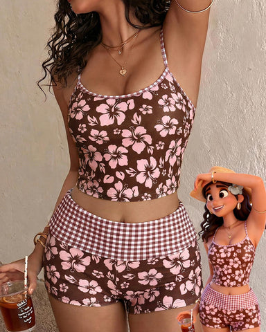 Women's Tropical Floral Tankini Set with High-Waist Shorts