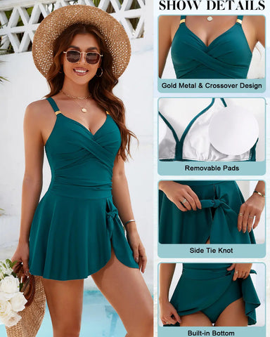 Women's Tummy Control Swim Dress with Adjustable Straps