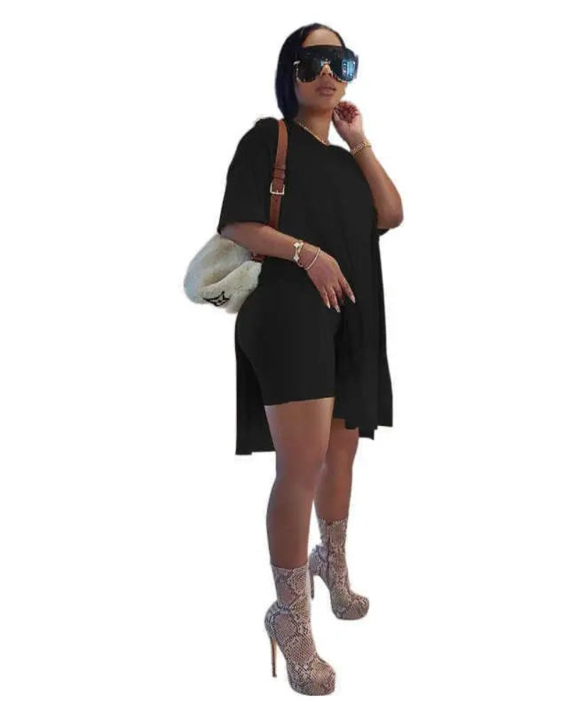 Women Summer Lounge Set Oversized Tee Biker Shorts Reversible Tracksuit