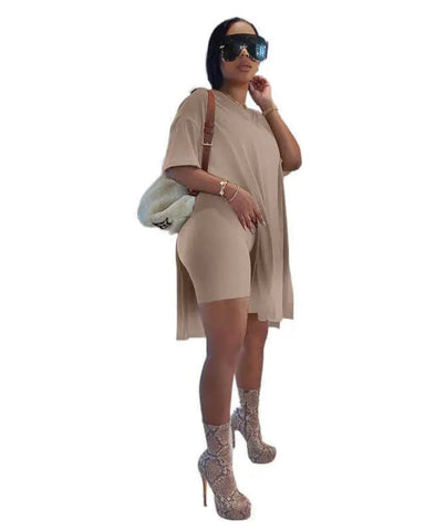 Women Summer Lounge Set Oversized Tee Biker Shorts Reversible Tracksuit