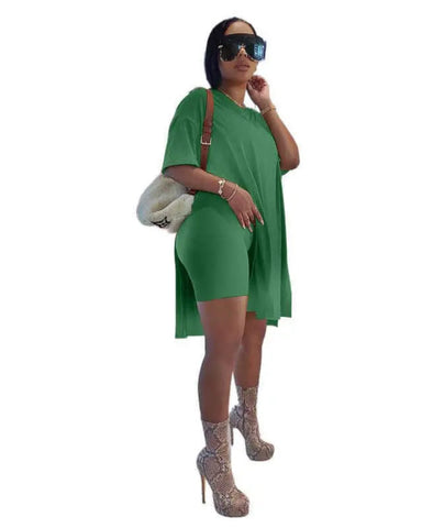 Women Summer Lounge Set Oversized Tee Biker Shorts Reversible Tracksuit