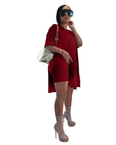 Women Summer Lounge Set Oversized Tee Biker Shorts Reversible Tracksuit