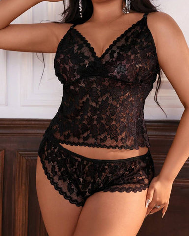 Plus Size Black Lace Sexy Two-Piece Lingerie Set