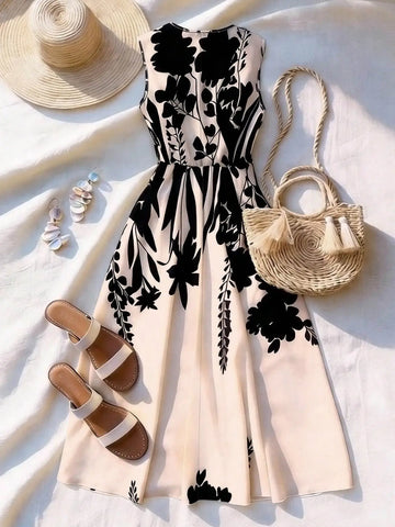 Women’s Floral Sleeveless Dress, Flare Skirt, Summer Vacation & Daily Wear