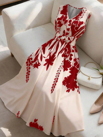 Women’s Floral Sleeveless Dress, Flare Skirt, Summer Vacation & Daily Wear