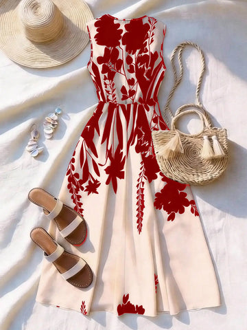 Women’s Floral Sleeveless Dress, Flare Skirt, Summer Vacation & Daily Wear