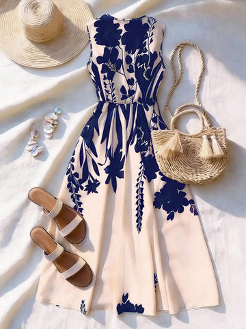 Women’s Floral Sleeveless Dress, Flare Skirt, Summer Vacation & Daily Wear