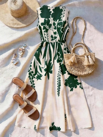 Women’s Floral Sleeveless Dress, Flare Skirt, Summer Vacation & Daily Wear