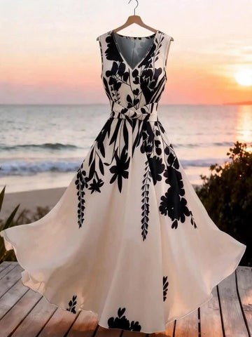 Women’s Floral Sleeveless Dress, Flare Skirt, Summer Vacation & Daily Wear