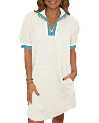 Women Summer Puff Sleeve Mini Dress Quarter Zip Casual Loose Fit Sky