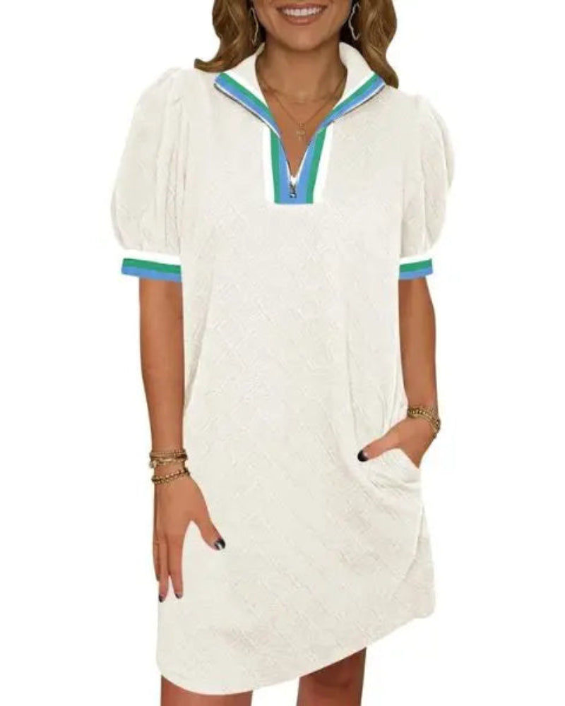 Women Summer Puff Sleeve Mini Dress Quarter Zip Casual Loose Fit Sky
