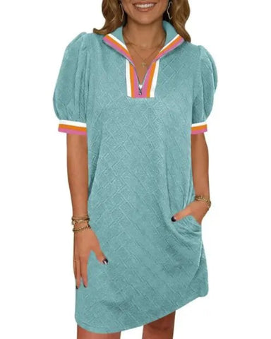 Women Summer Puff Sleeve Mini Dress Quarter Zip Casual Loose Fit Sky