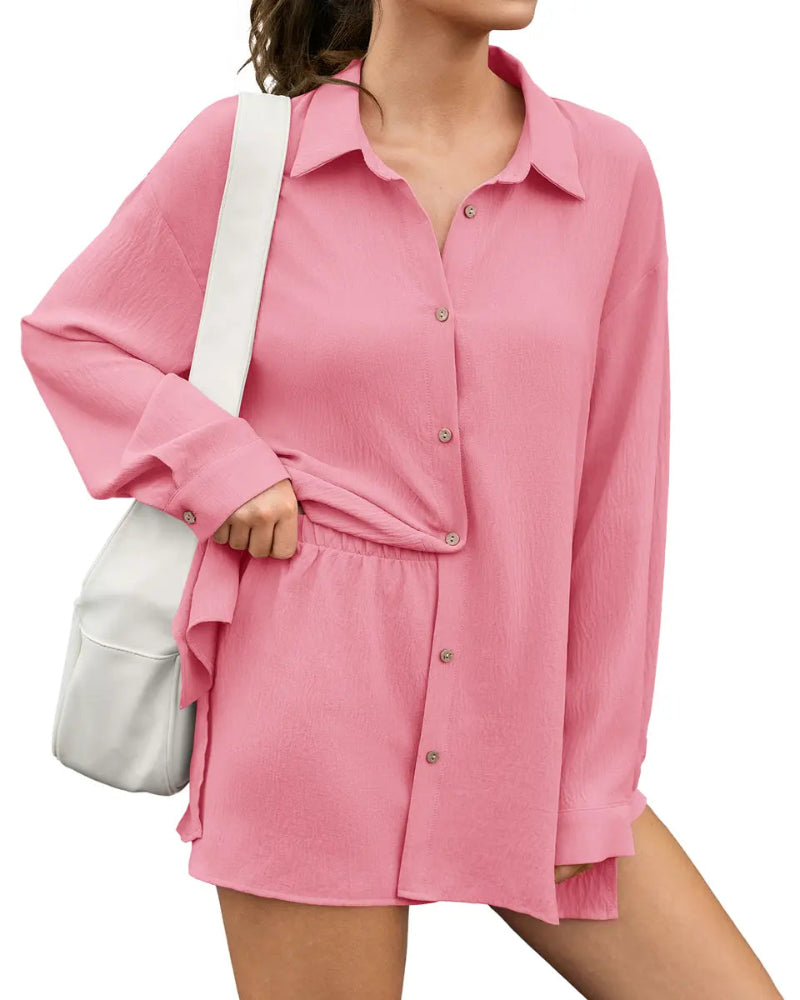 Women Gauze Shirt Shorts Set 2-in-1 Oversized Beach Cover Up Outfit