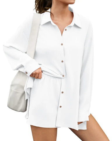 Women Gauze Shirt Shorts Set 2-in-1 Oversized Beach Cover Up Outfit
