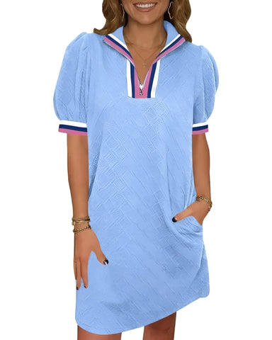 Women Summer Puff Sleeve Mini Dress Quarter Zip Casual Loose Fit Sky