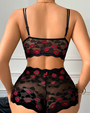 Valentine Lip Print Lace Lingerie Set Push Up Bra High Waist Panties Gift for Her