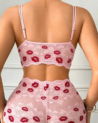Valentine Lip Print Lace Lingerie Set Push Up Bra High Waist Panties Gift for Her