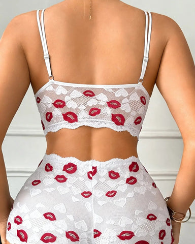 Valentine Lip Print Lace Lingerie Set Push Up Bra High Waist Panties Gift for Her