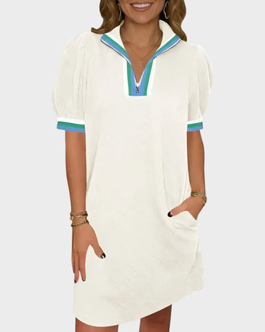 Women Summer Puff Sleeve Mini Dress Quarter Zip Casual Loose Fit Sky