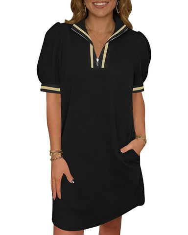 Women Summer Puff Sleeve Mini Dress Quarter Zip Casual Loose Fit Sky