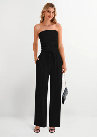 Ribbed Knit 2-Piece Set Tube Crop Top & Wide-Leg Pants Lounge Outfit