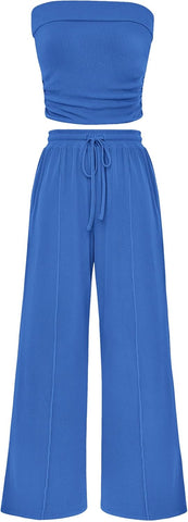 Ribbed Knit 2-Piece Set Tube Crop Top & Wide-Leg Pants Lounge Outfit