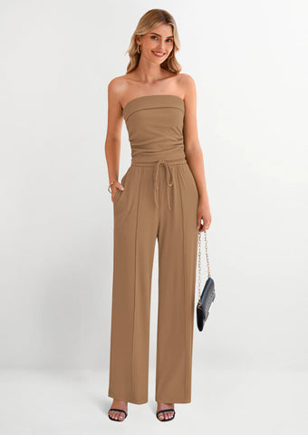 Ribbed Knit 2-Piece Set Tube Crop Top & Wide-Leg Pants Lounge Outfit