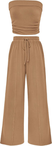 Ribbed Knit 2-Piece Set Tube Crop Top & Wide-Leg Pants Lounge Outfit