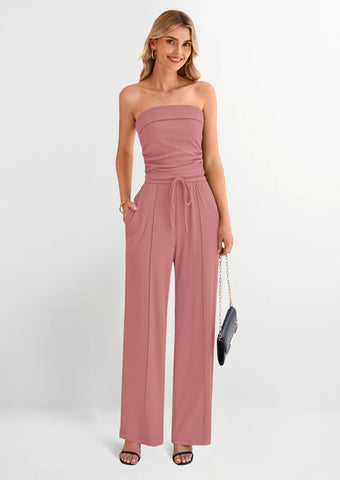 Ribbed Knit 2-Piece Set Tube Crop Top & Wide-Leg Pants Lounge Outfit