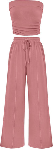 Ribbed Knit 2-Piece Set Tube Crop Top & Wide-Leg Pants Lounge Outfit