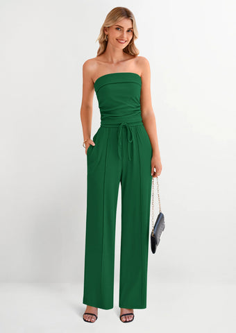 Ribbed Knit 2-Piece Set Tube Crop Top & Wide-Leg Pants Lounge Outfit